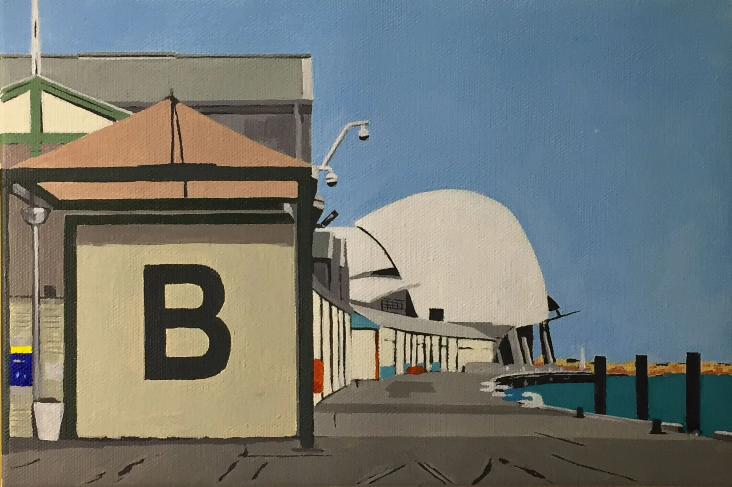 Fremantle Harbour, B Shed. Acrylic on canvas 30cm by 20cm