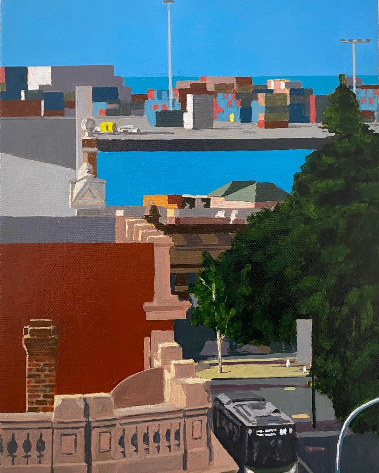 Fremantle Harbour from the National Hotel No.2. acrylic on canvas 30cm by 20cm