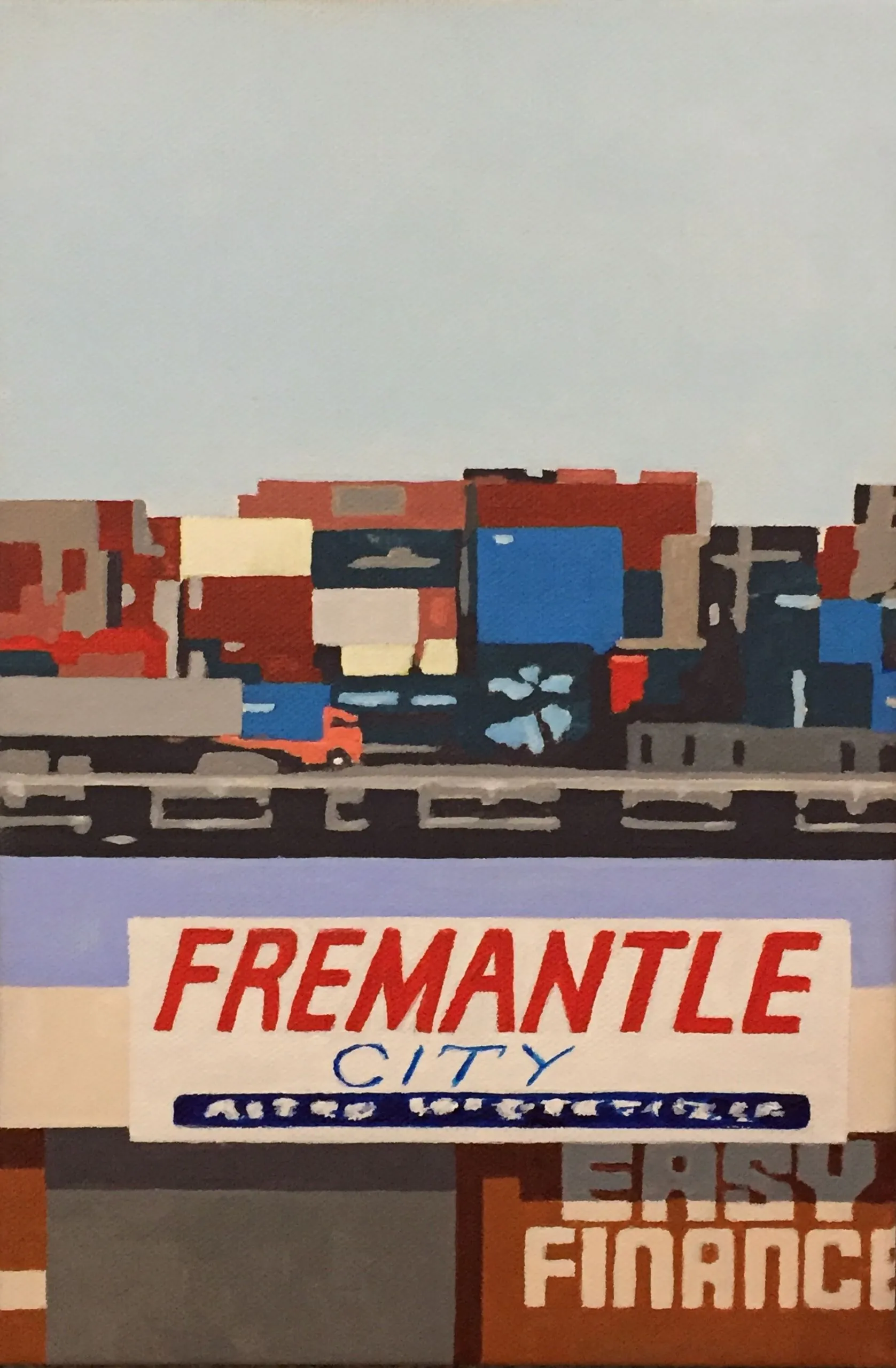 Fremantle City. Easy Finance.  Acrylic on canvas 20cm by 30cm